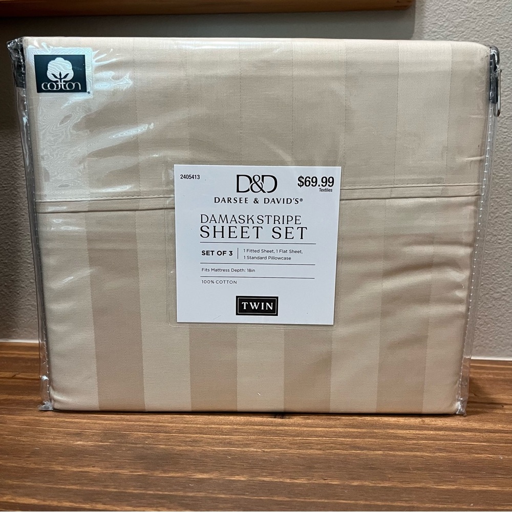 Darsee & David Damask Sheet Set Twin 400 Thread Count Taupe NWT